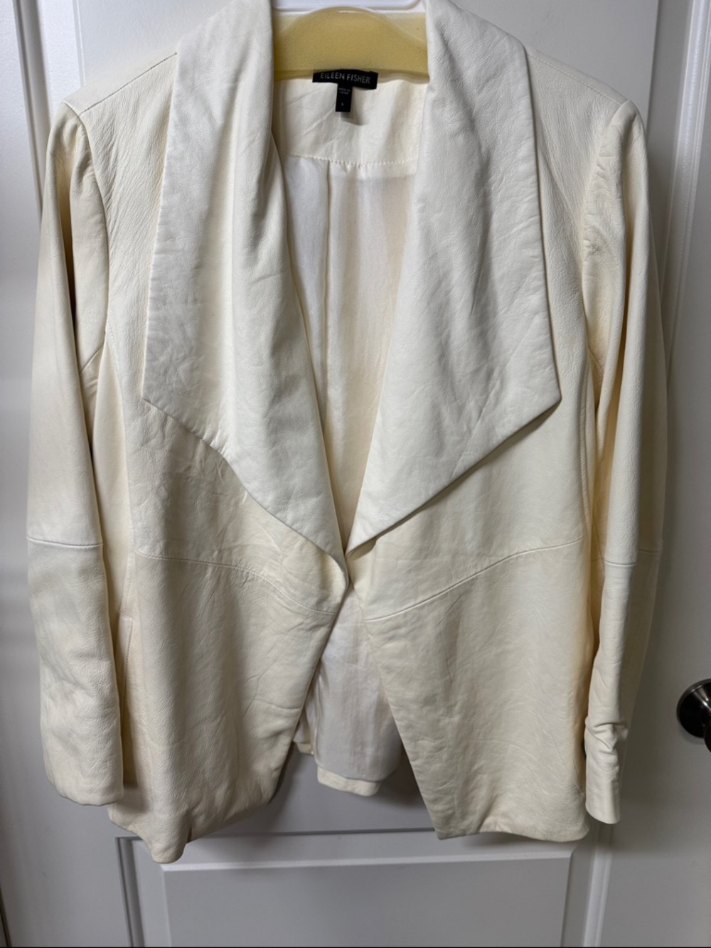 Eileen Fisher Cream Open-Front Leather Blazer Jacket